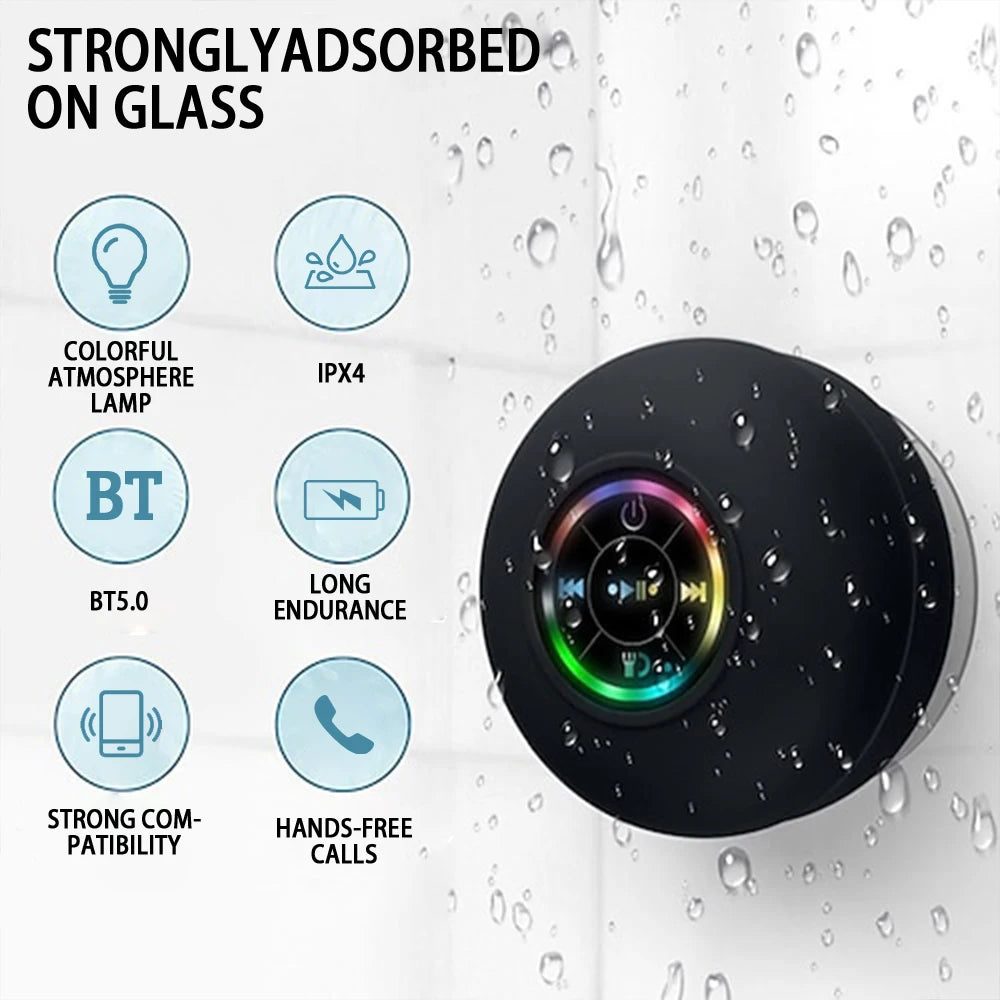 Mini Coluna Bluetooth Portátil Sem Fios – À Prova de Água IPX4 com LED e Ventosa de Fixação