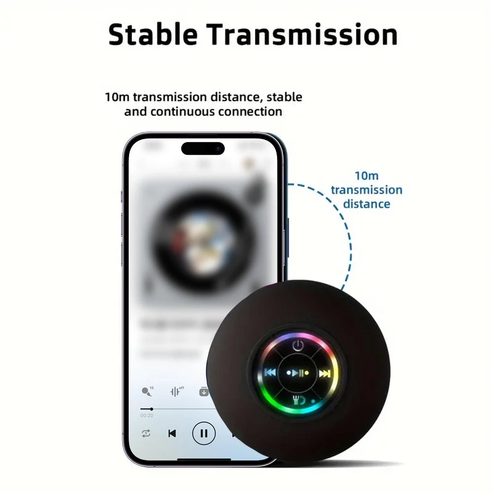 Mini Coluna Bluetooth Portátil Sem Fios – À Prova de Água IPX4 com LED e Ventosa de Fixação