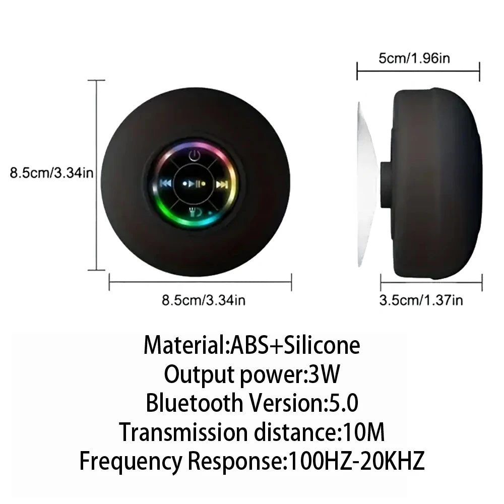 Mini Coluna Bluetooth Portátil Sem Fios – À Prova de Água IPX4 com LED e Ventosa de Fixação