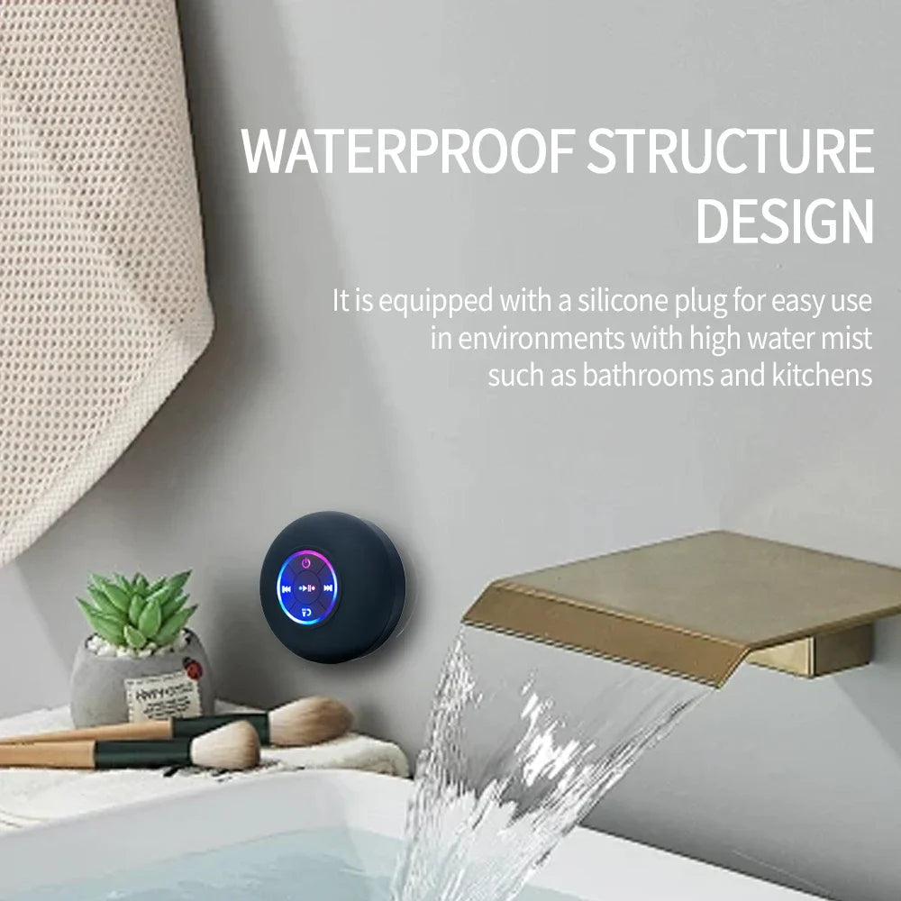 Mini Coluna Bluetooth Portátil Sem Fios – À Prova de Água IPX4 com LED e Ventosa de Fixação
