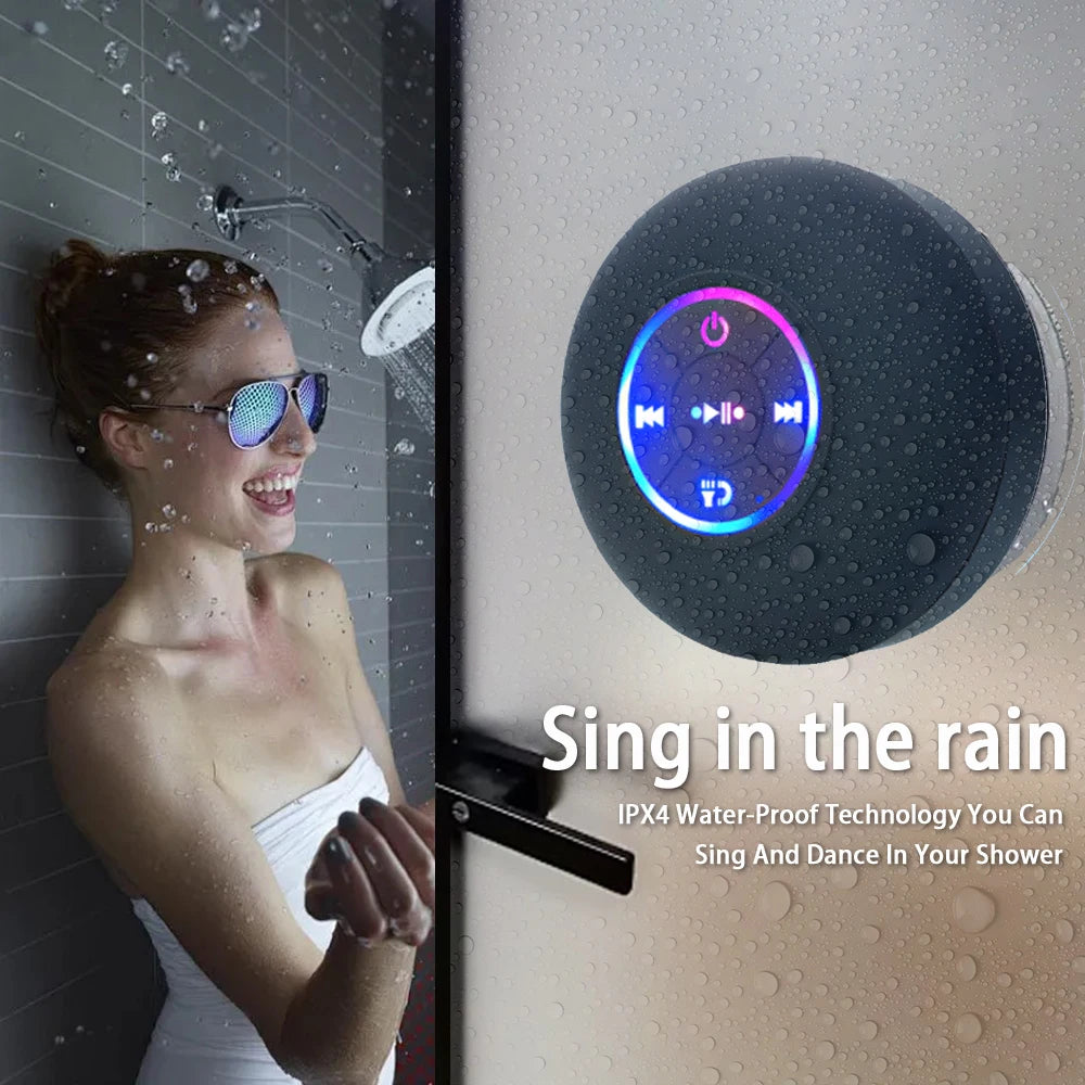 Mini Coluna Bluetooth Portátil Sem Fios – À Prova de Água IPX4 com LED e Ventosa de Fixação